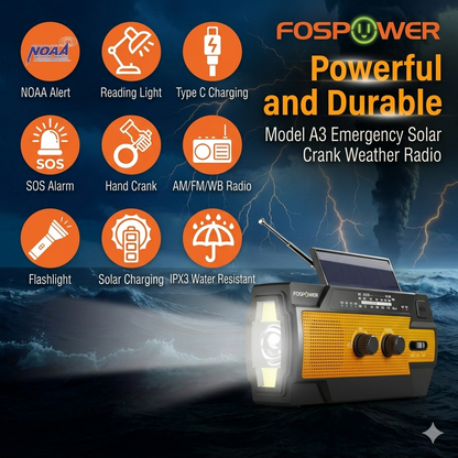 راديو طوارئ شمسي 6 في 1 مع باور بانك بسعة 14800 ملي واط/ساعة و SOS