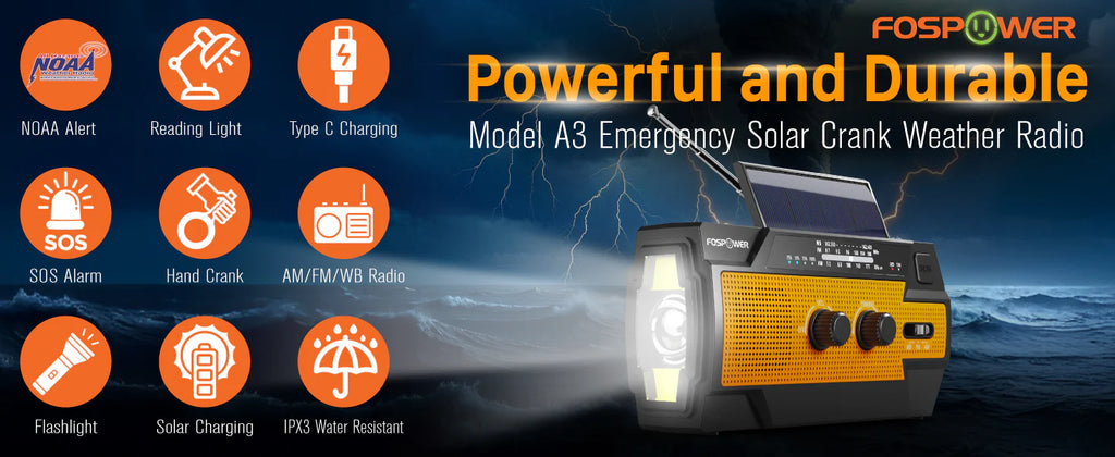 راديو طوارئ شمسي 6 في 1 مع باور بانك 14800mWh وشحن يدوي وUSB-C وكشاف وإنذار SOS