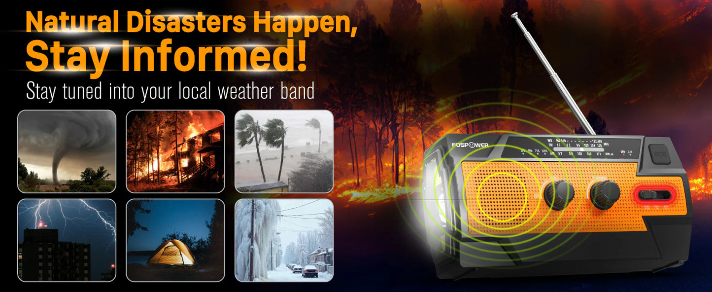 راديو طوارئ شمسي 6 في 1 مع باور بانك بسعة 14800 ملي واط/ساعة و SOS