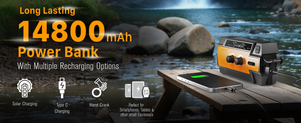 راديو طوارئ شمسي 6 في 1 مع باور بانك 14800mWh وشحن يدوي وUSB-C وكشاف وإنذار SOS