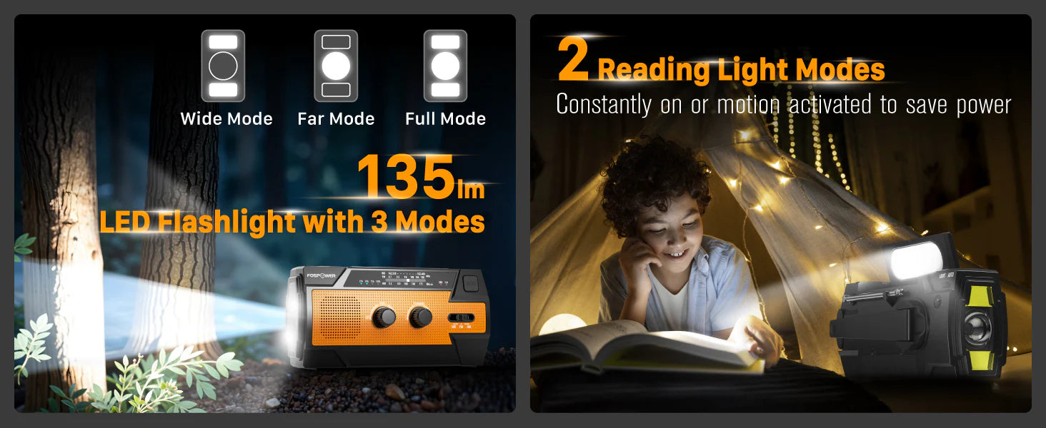 راديو طوارئ شمسي 6 في 1 مع باور بانك 14800mWh وشحن يدوي وUSB-C وكشاف وإنذار SOS