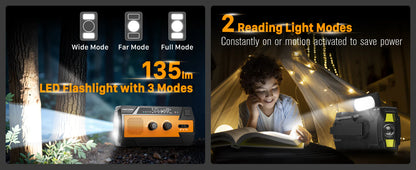 راديو طوارئ شمسي 6 في 1 مع باور بانك بسعة 14800 ملي واط/ساعة و SOS