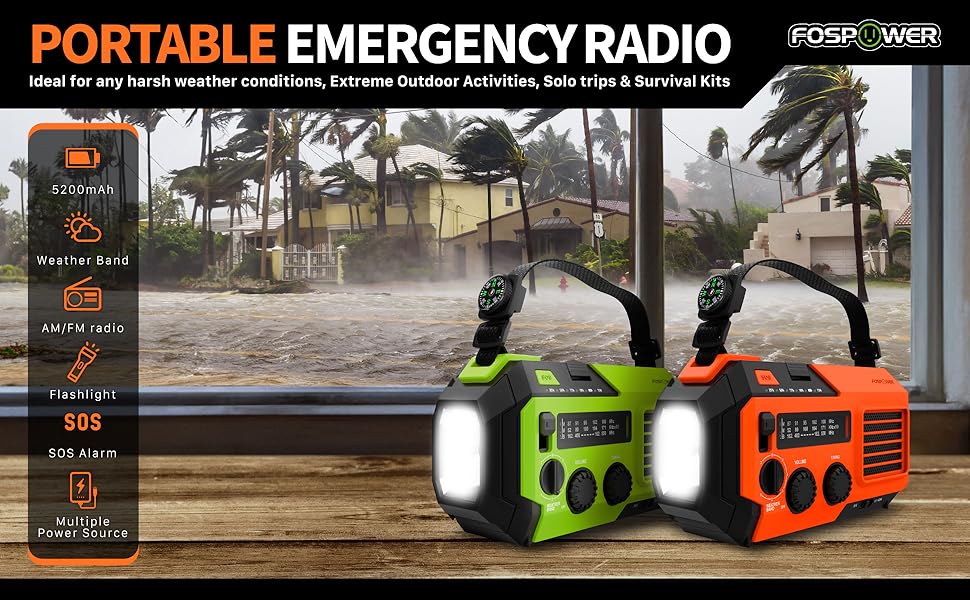 راديو طوارئ شمسي 6 في 1 مع باور بانك 19240mWh وشحن يدوي وكشاف قوي وإنذار SOS