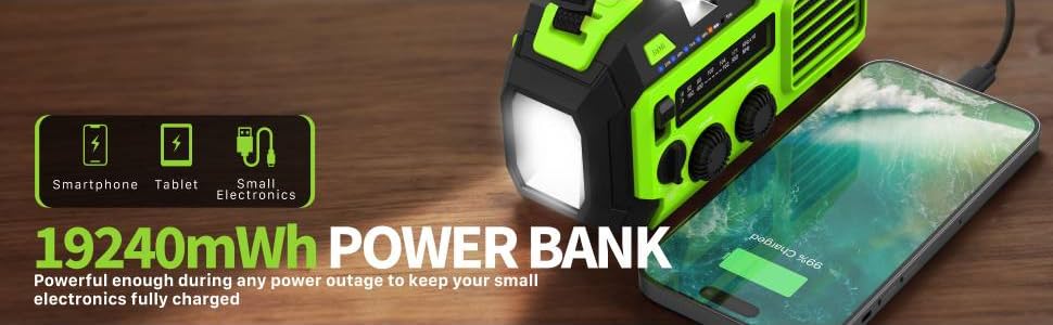 راديو طوارئ شمسي 6 في 1 مع باور بانك 19240mWh وشحن يدوي وكشاف قوي وإنذار SOS