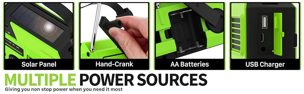 راديو طوارئ شمسي 6 في 1 مع باور بانك 19240mWh وشحن يدوي وكشاف قوي وإنذار SOS
